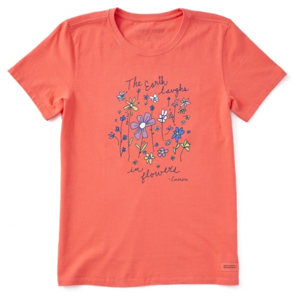 NWT Life is Good Women's Earth Laughs Wildflowers Short Sleeve Tee Mango Orange